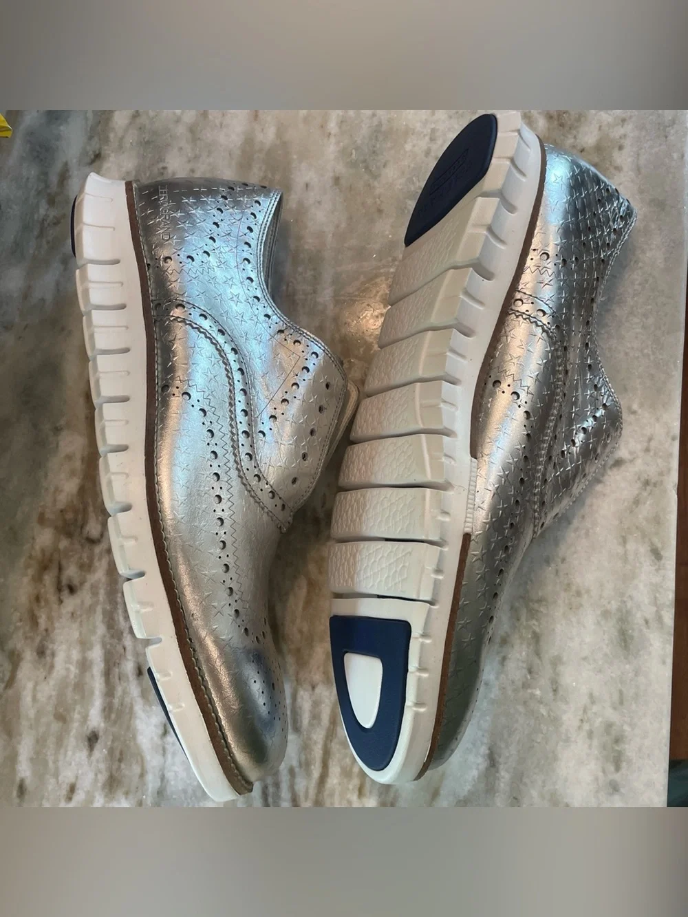 RARE Cole Haan Men's Zerogrand Wingtip Silver Metallic Star Shoes 12m No Laces